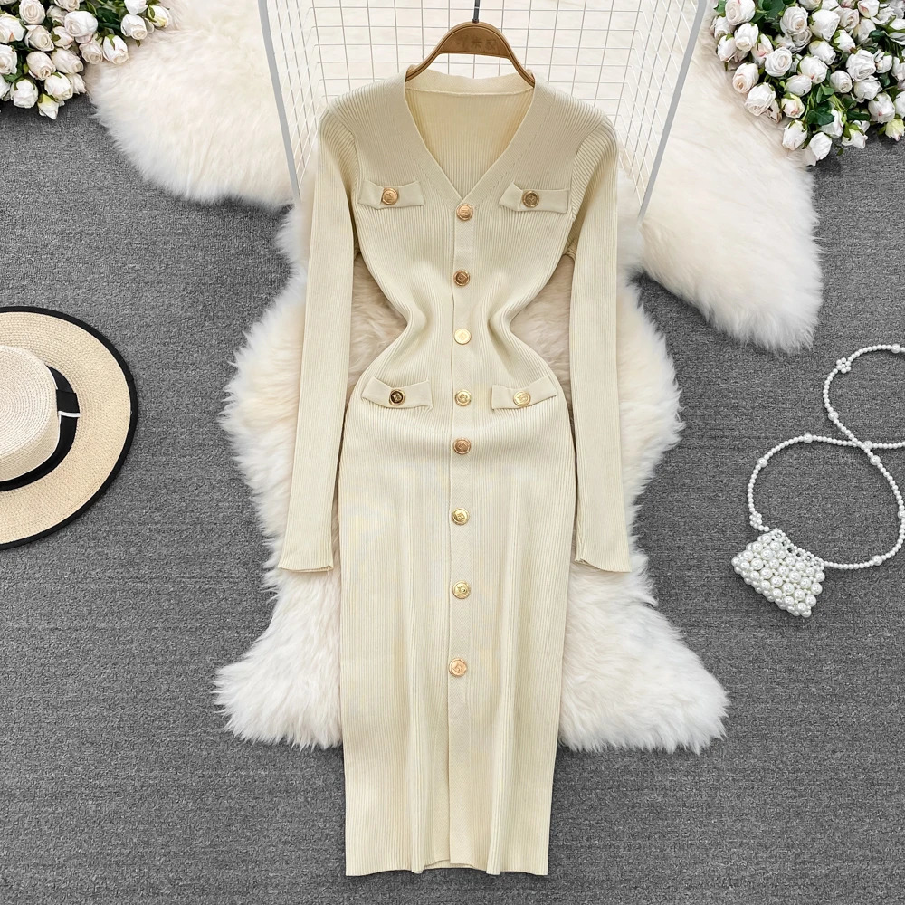 REALEFT Autumn Winter VNeck Womens Knitted Dresses Single Breasted Long Sleeve Solid Front Split Midi Female 251110