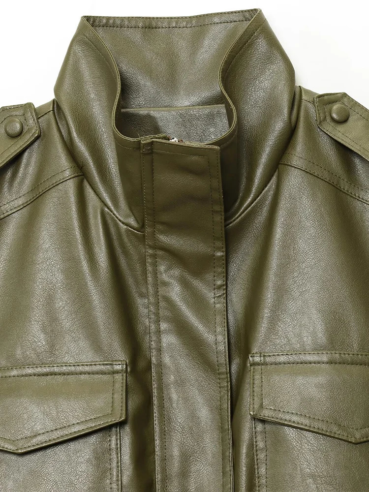 European and American style autumn womens clothing versatile leather stand collar long sleeve short jacket 251103