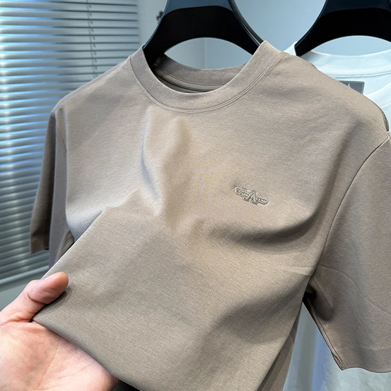 summer mens T-shirt trend letter embossed silk cotton short sleeve comfort elastic quick drying round neck T-shirt 250410