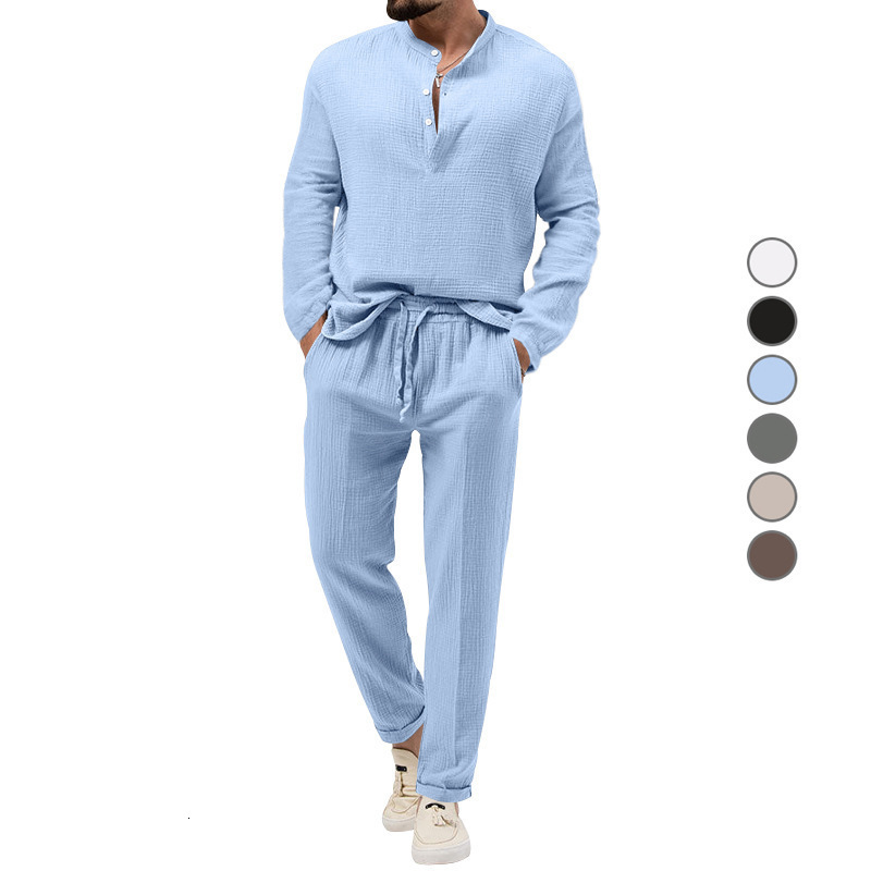 Cross 2024 Spring and Autumn Mens Solid Color Casual T-shirt Long Sleeve Shirt Long Pants Set
