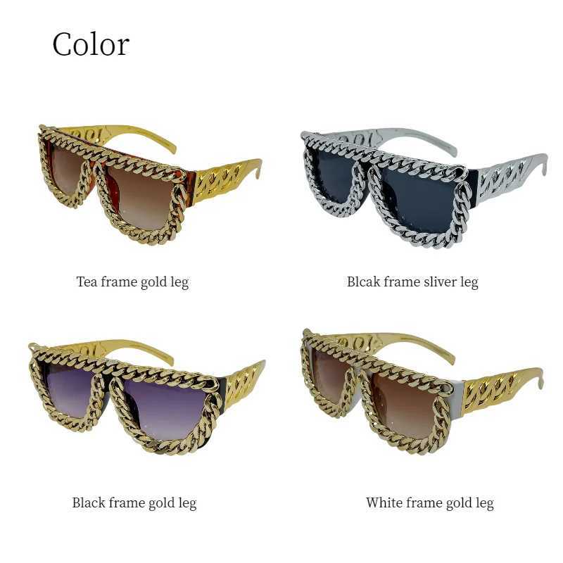 Gold Chain Oversized Square Sunglasses for Men Retro Exaggerated Fashion Designer Punk Sun Glasses for Beach Outdoor Party ShadeW251108