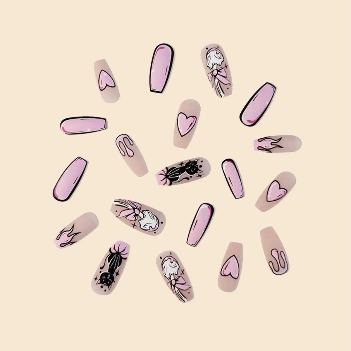 24Pc/set long ballet pink French heart-shaped cat cartoon pattern printing full coverage wearable fake nail press W250410