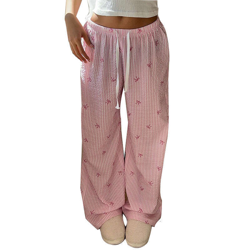 Cross-Border Independent Station Pink Striped Long Women 2025 Spring Summer New Foreign Trade European and American Wide-Leg Casual Pants