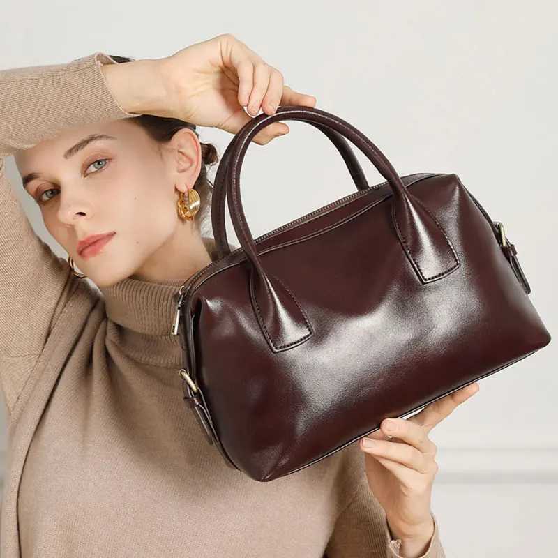 Genuine Leather Womens Bag Vintage Luxury Designer Boston Handbag Women Versatile Shoulder Bag Cowhide Female Crossbody Bags K251110