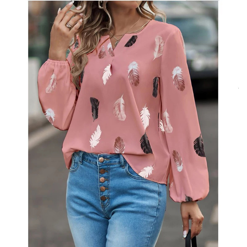 Fashionable womens shirt fashionable womens long sleeved feather patterned womens top elegant chiffon unprinted womens dress 250409