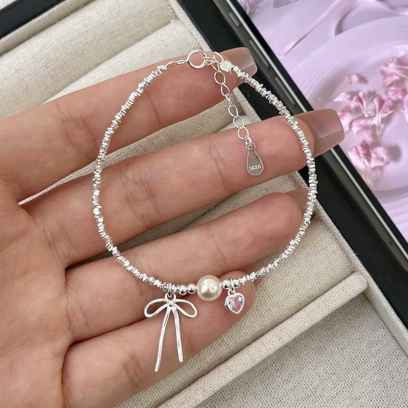925 Sterling Silver Pearl Bracelets For Women Girls Vintage Korean Pink Love Bow Chain Bracelet Luxury Original Party JewelryT251110