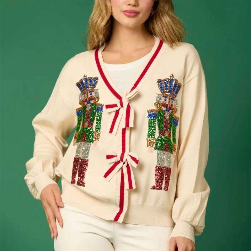 2025 Christmas Cardigan Women Y2k Sweater Glitter Sequin Pattern V Neck Tie Front Long Sleeve Knitted Tops 2000S Streetwear Designer Sweater Women