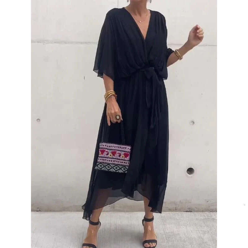 2025 New European and American Women's Fashion Cross-Border Amazon Solid Color Tie Long Batwing Sleeve Irregular Dress Plus Size