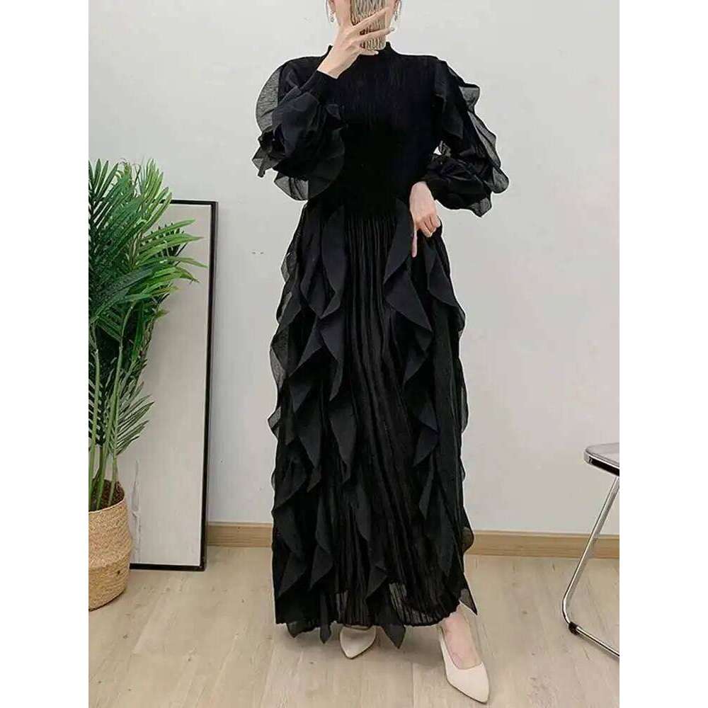 LANMREM Elegant Pleated Dress For Women Stand Collar Puff Sleeves High Stretch Personalized Dresses 2025 Spring New 2Z2817