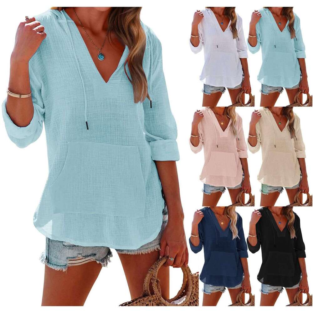 2025 Summer Amazon Beach Cover-Up Hoodie Sports Long Sleeve V-Neck Pocket Hooded Women's Shirt Top