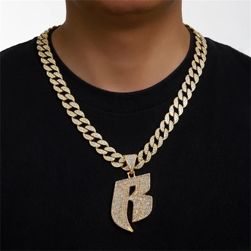 Hip Hop Letter R Pendant Necklace With 13mm Width Miami Cuban Chain Choker Fit Men Women Ruff Ryders Jewelry 251107