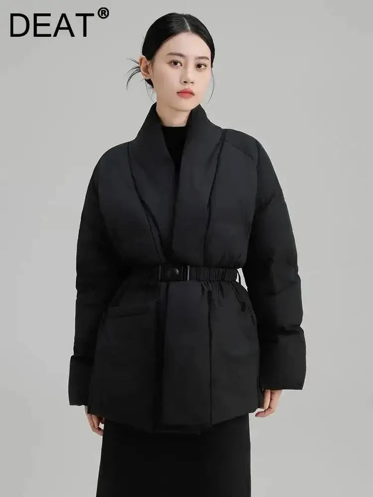 DEAT Fashion Brown Cotton-padded Coat Womens V-neck Loose Big Pockets Sashes Thick Warm Jacket Winter 251107