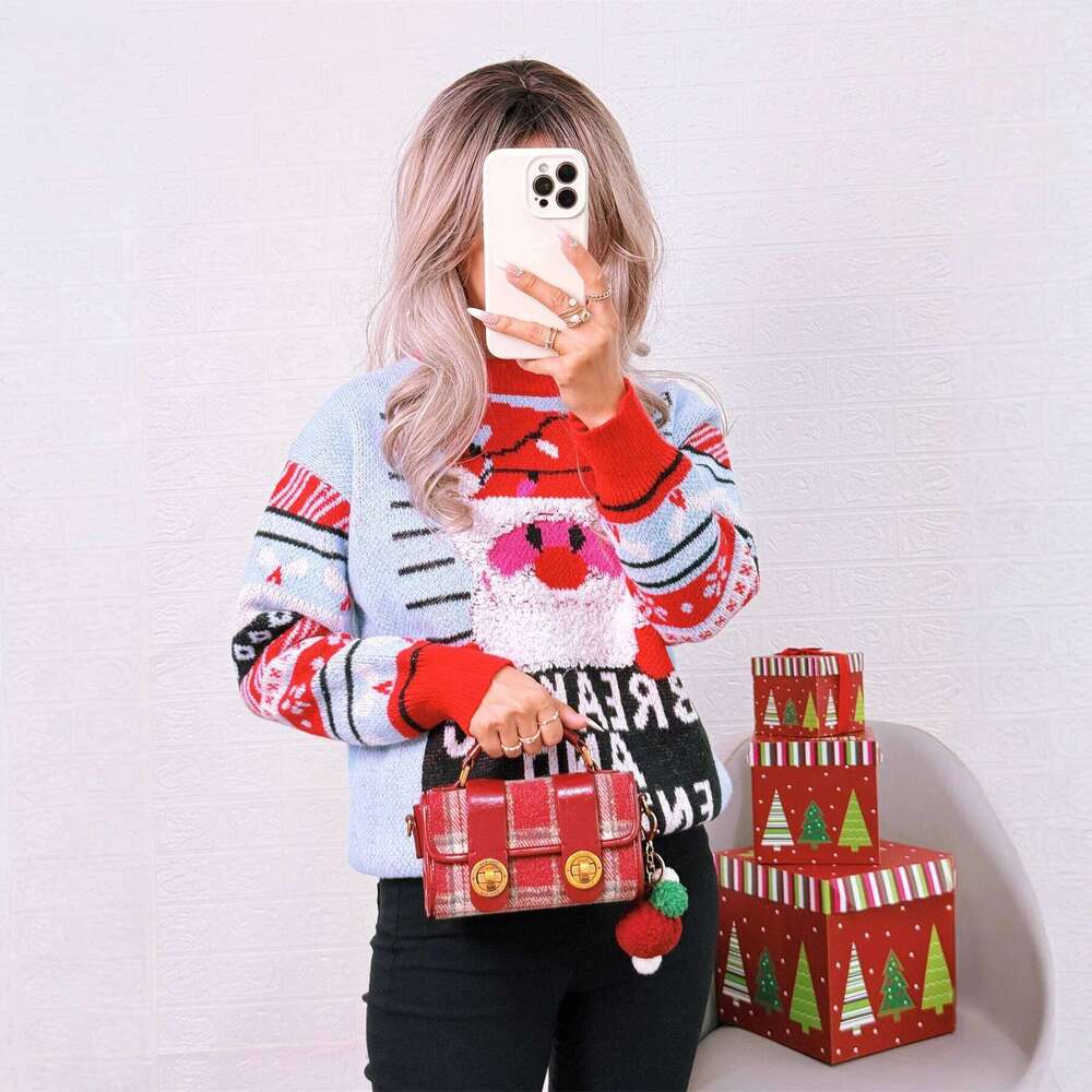 2025 Autumn Winter Christmas New Jacquard Knitted Top Round Neck Color-Block Casual Unique Sweater Designer Sweater Women