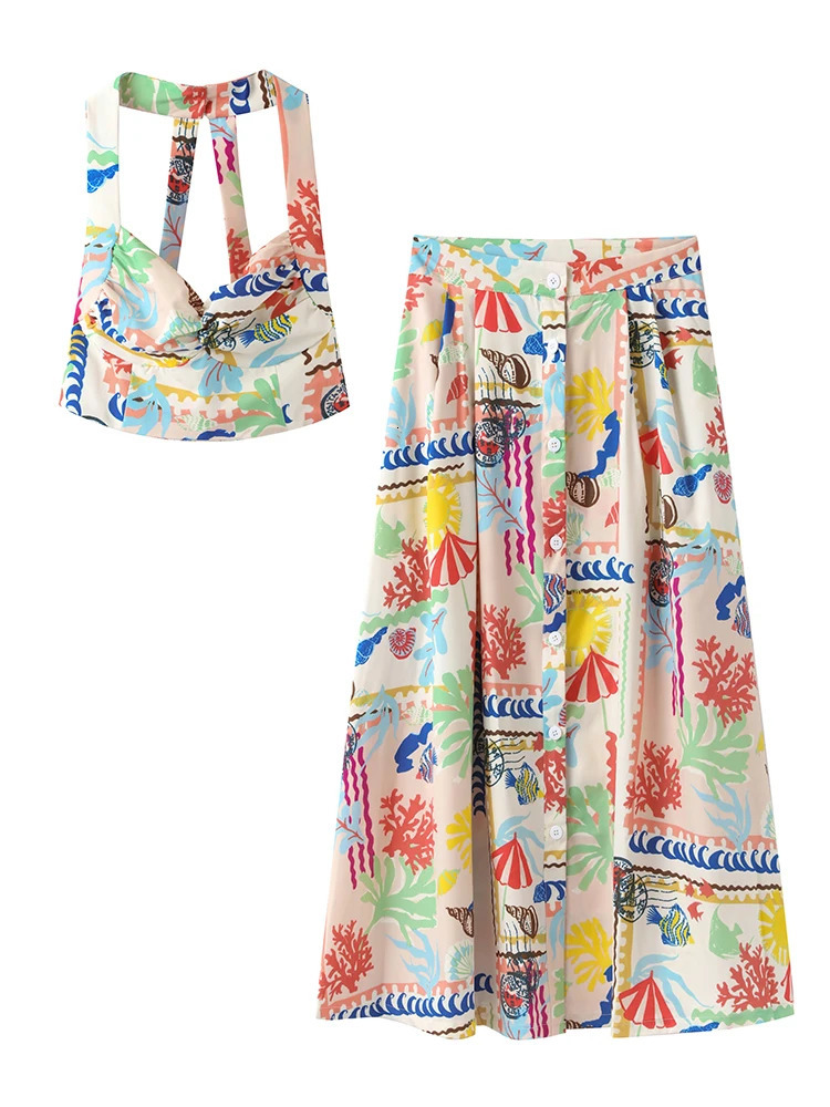 Colorful Printed Suspenders Skirt Set Holiday Bikini Halter Vest Top Women Patchwork Quilted High Waist Beach Half Skirt Summer 250408