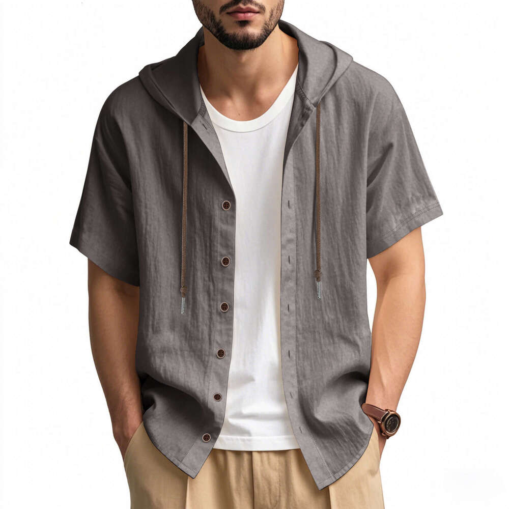 Cross-Border Amazon American Style Summer Men's Thin Breathable Linen Loose Hooded Short Sleeve Shirt for Men