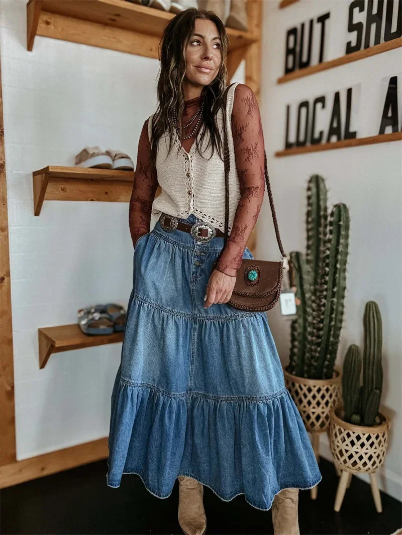 Bohemia Maxi long womens spring and summer elastic high waisted denim skirt retro ALine pleated 250410
