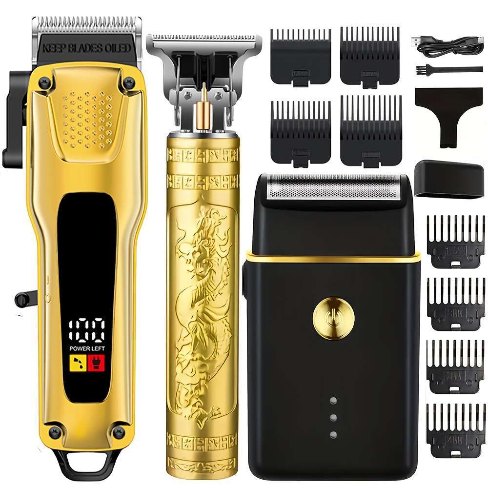 Golden 3Pcs Men's Kit: Electric Shaver, Hair Trimmer With LCD Display, 8 Combs, USB Cables, Perfect Dad, Boyfriend, Father's Day, Birthdays,