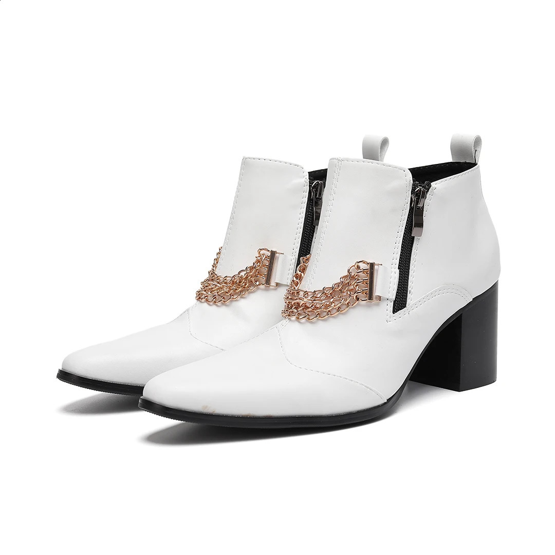 White Chains Genuine Leather Men High Heel Boots Large Size Club Party Drag Queen Dress Shoes Pointed Toe Zipper Ankle Boots 251106