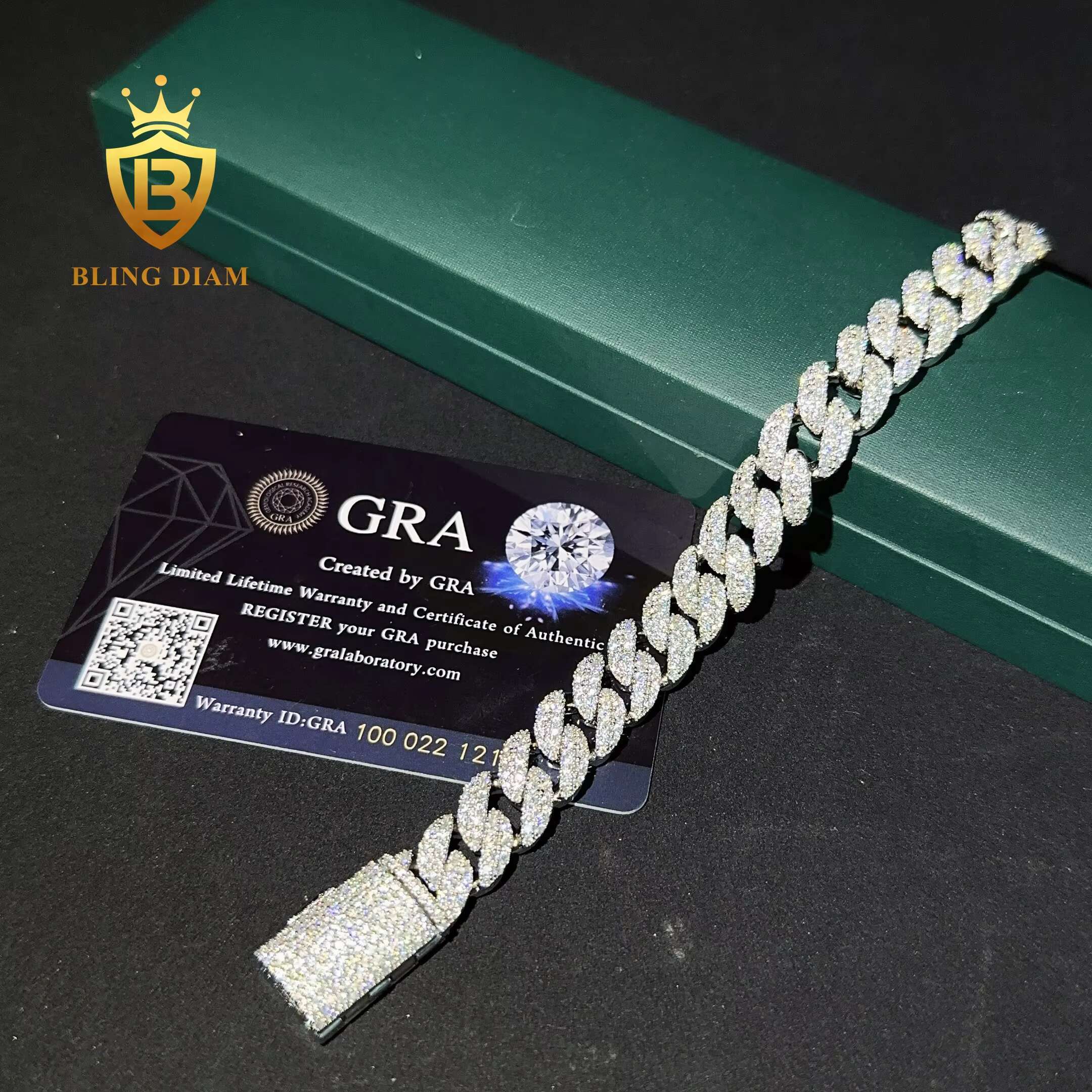 Hot Sale Hip Hop Bracelet 12mm Ice Out S925 Silver VVS Moissanite Diamond Cuban Link Chain Necklace Bracelet