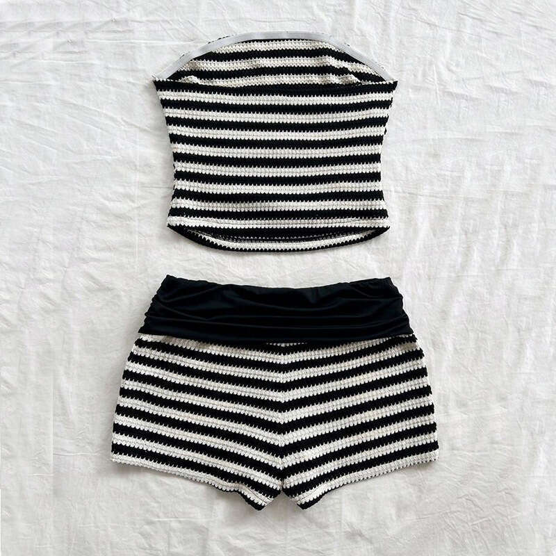2025 Summer Cross-Border Trade European American Black and White Striped Tube Top Shorts Slim Sexy Hot Pants Two-Piece Set for Women