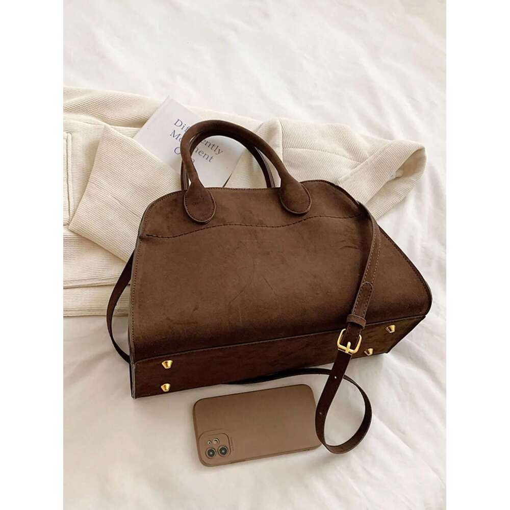 Retro Suede Large Capacity Casual Shoulder Bag, Plain Color Matte Handbag For Women Daily Use, Elegant Commuter Tote Bag