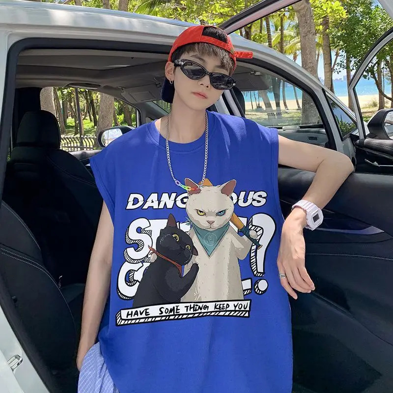 Summer fashion casual printed sleeveless vest mens fitness sleeveless T-shirt beach vest loose cotton T-shirt 250408