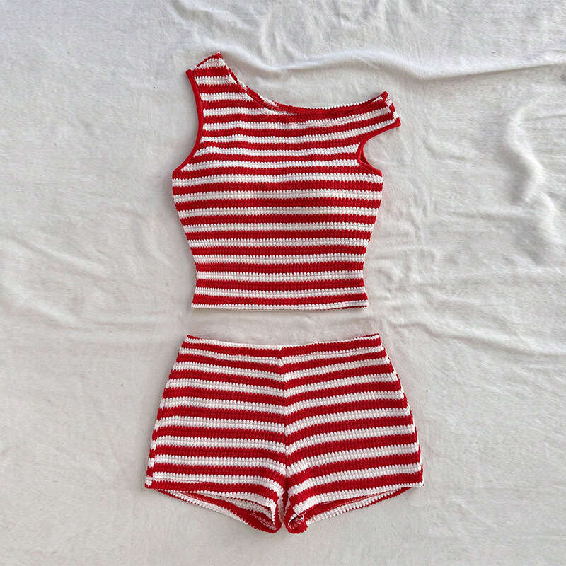 Rui Chuo Cross-Border Foreign Trade European American Striped Tank Shorts 2025 Summer Knitted Hot Pants and Top Two-Piece Set