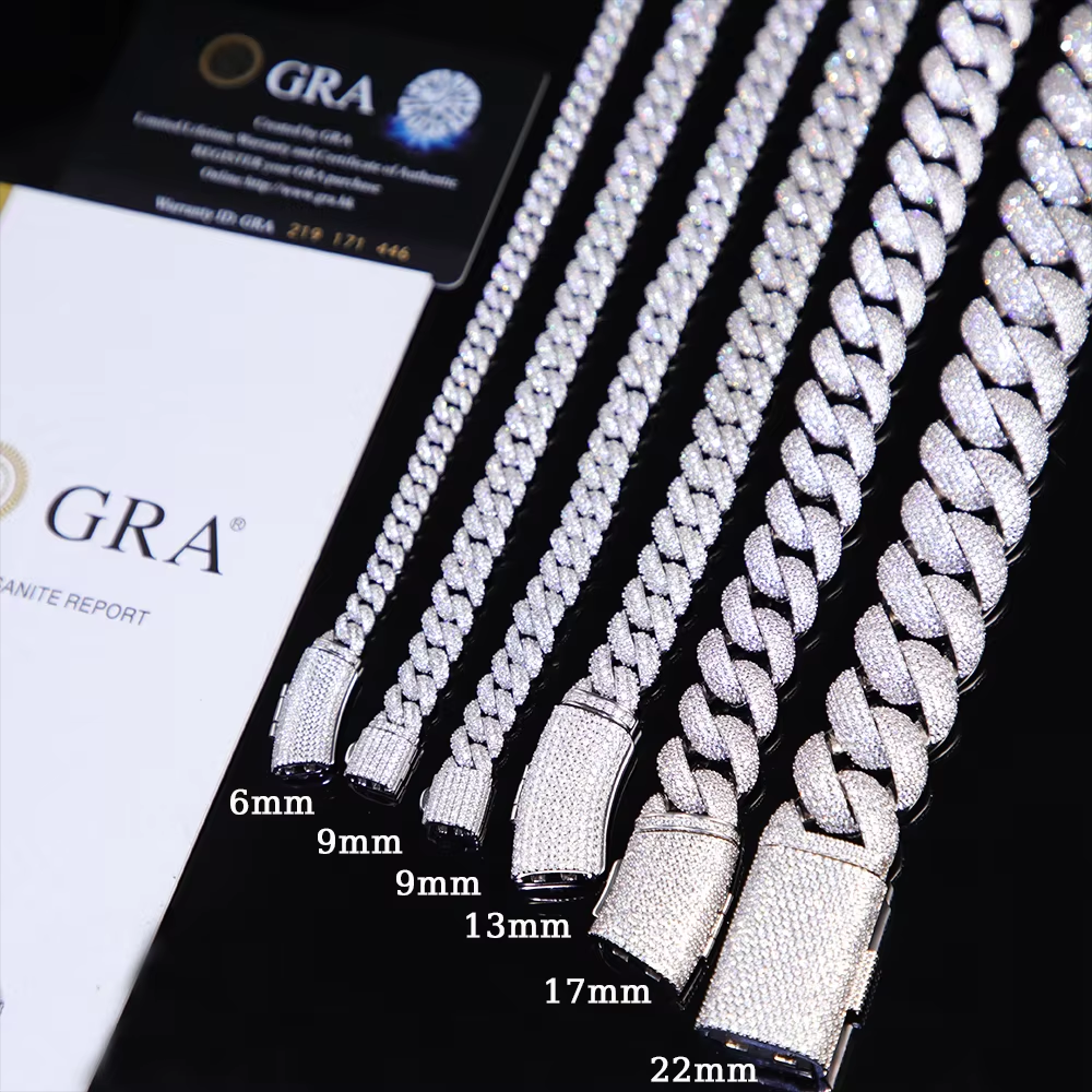 New Arrival Rapper's Hip Hop Jewelry 22mm Sterg Sier 5 Rows VVS Moissanite Iced Out Thick Cuban k Chain Necklace