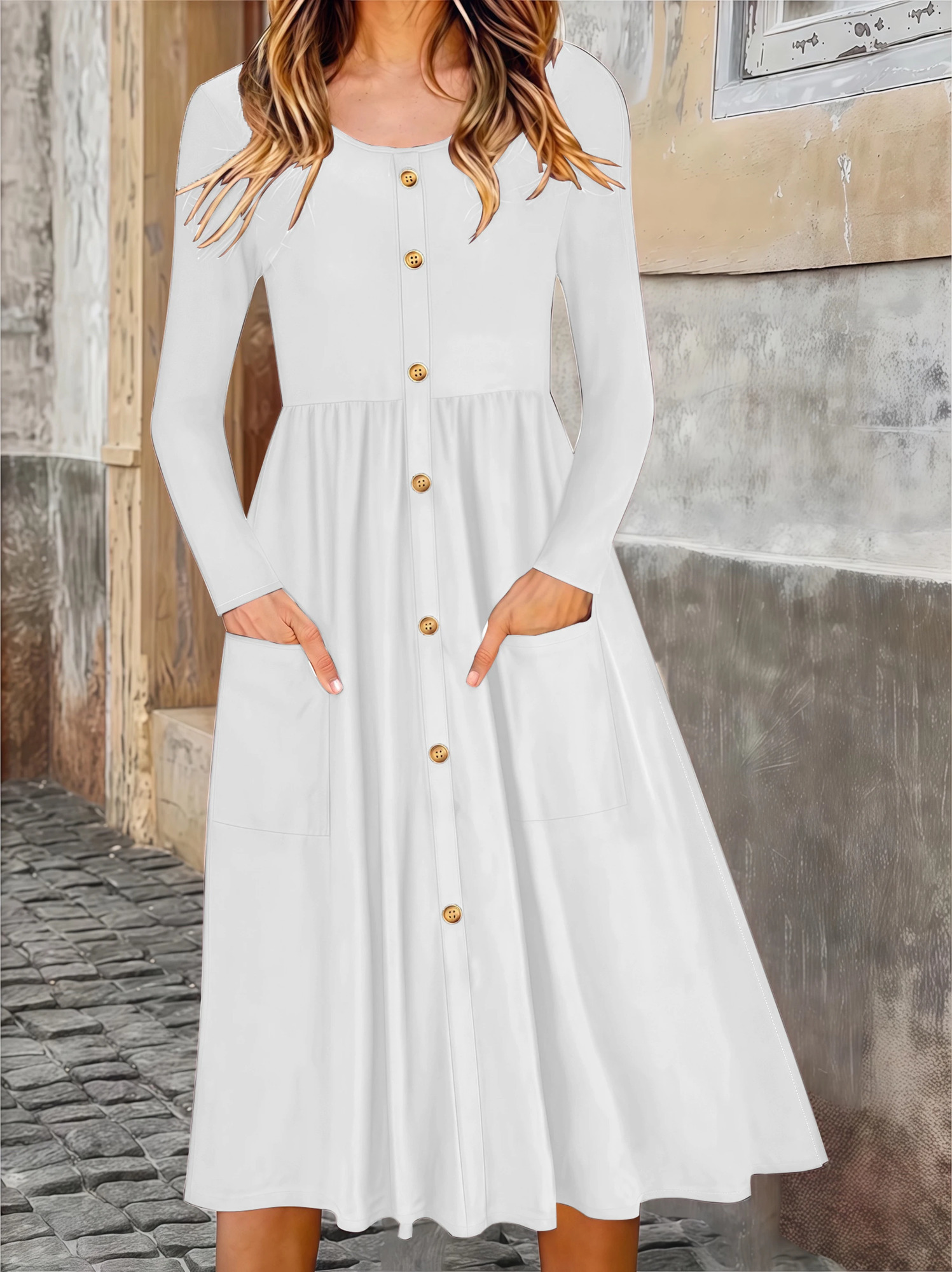 Elegant Solid Color ButtonDetail Round Neck Long Sleeve MidLength Plus Size Womens Dress for Autumn 251110