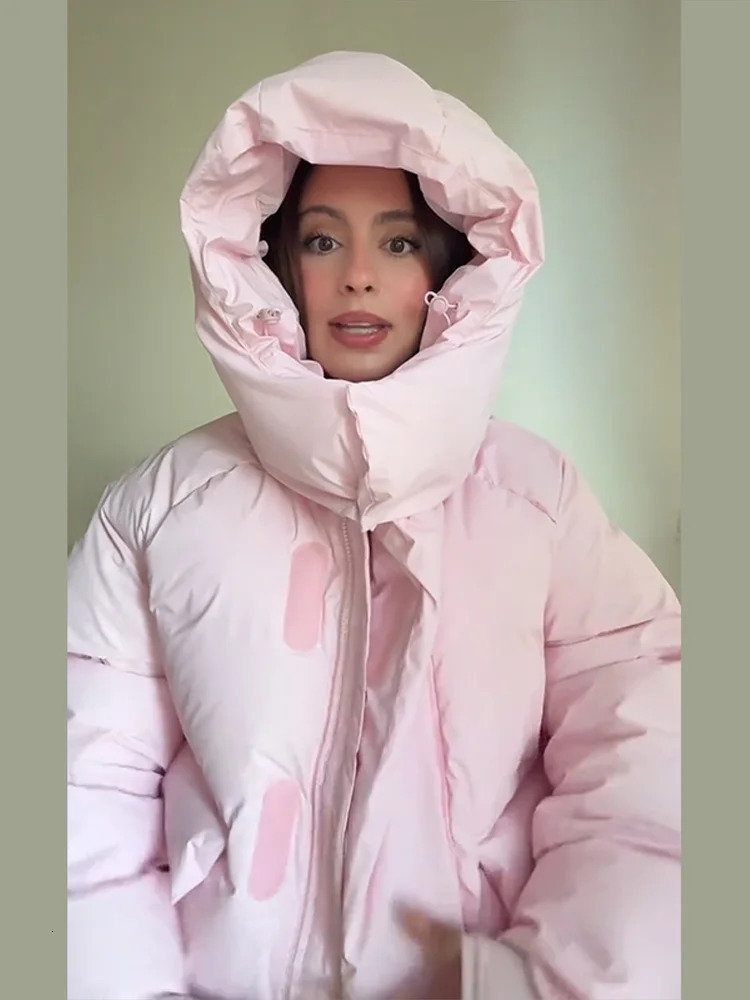 Casual Hooded Padded Jacket Womens Loose Full Sleeves Zipper Pockets Stand Collar Coats 2025 Autumn Winter Ladies Outwear 251107