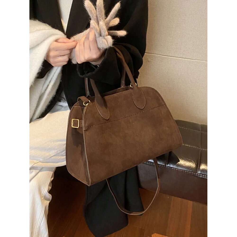 Retro Suede Large Capacity Casual Shoulder Bag, Plain Color Matte Handbag For Women Daily Use, Elegant Commuter Tote Bag