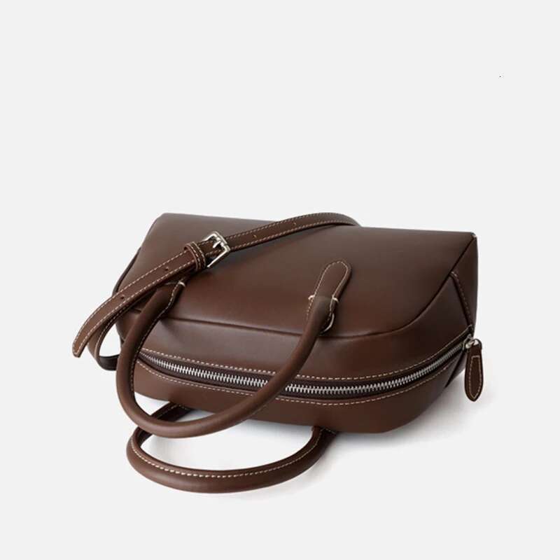 Genuine Cow Leather Women Casual Boston Bag 2023 New High Quality Shoulder Bags Ladies Designer Commute Handbags Coffee