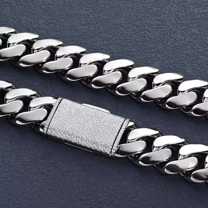 Hiphop Necklace Cuban Chain 20mm Custom Clasp 925 Sterling Silver VVS Moissanite Plain Miami Cuban Link Chain