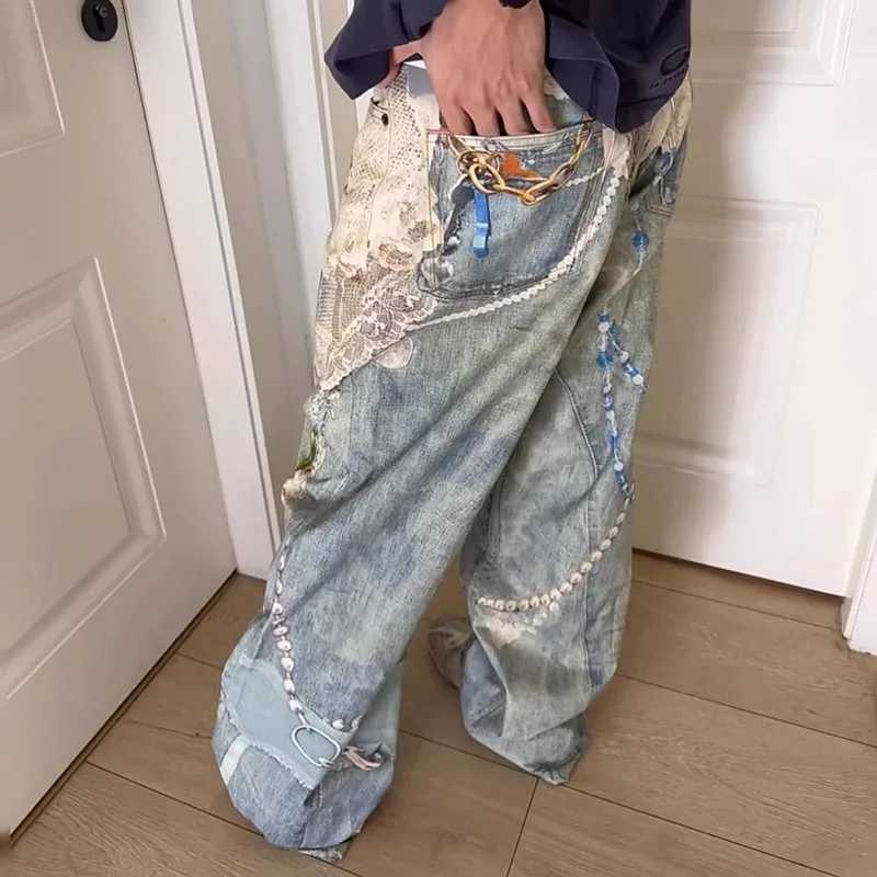 Korean Retro Printed Jeans 3d Chain Lace Pants High Waisted WomenS Jeans Straight Leg Pants Baggy Jeans Y2k C251110