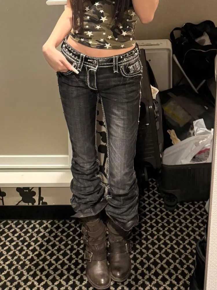 Women Vintage High Street Low Rise Flared Jeans 2025 Autumn Bell Bottom Y2k Goblin Core Harajuku Skinny Denim Pants Streetwear C251110