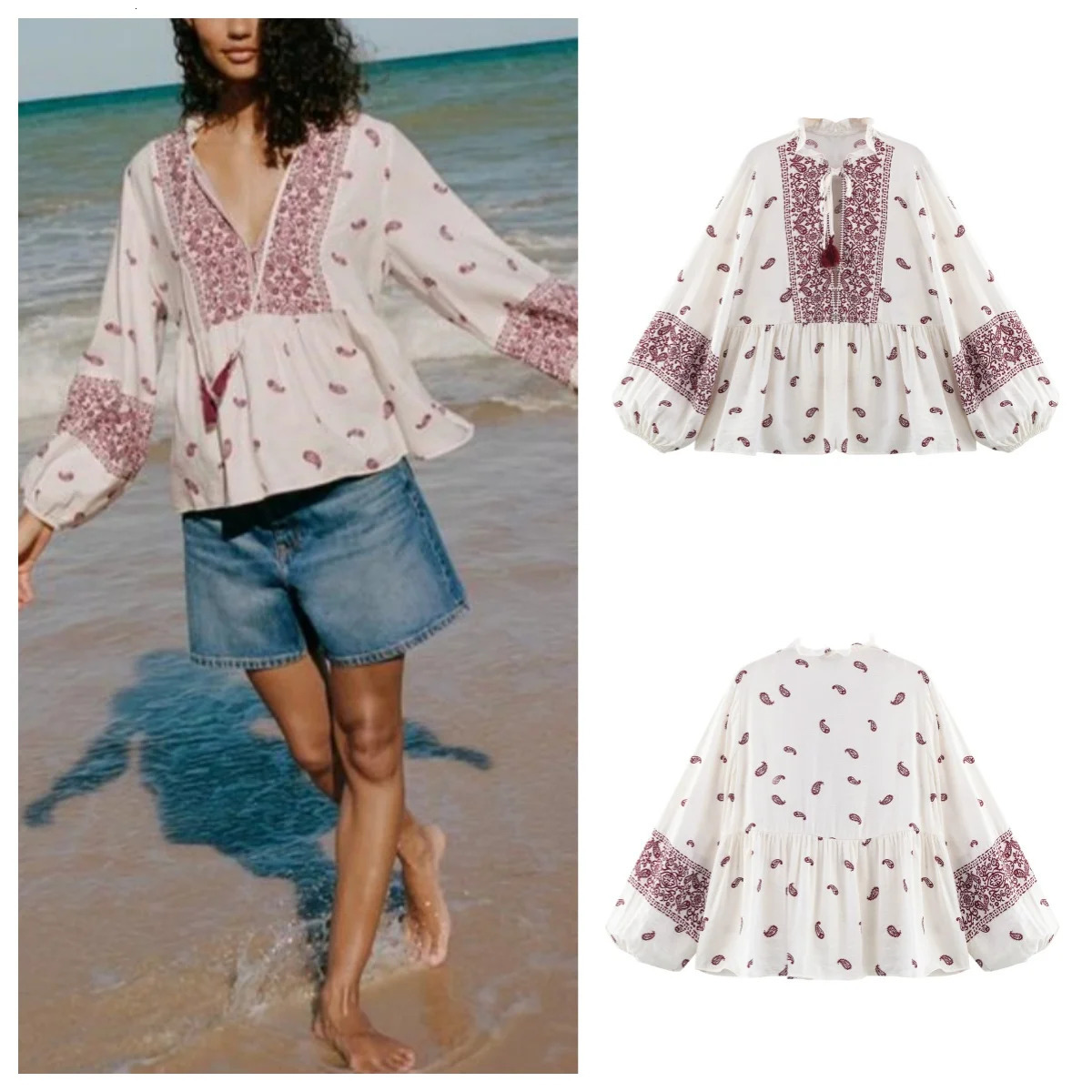 European and American style printed fancy tassel loose casual long sleeved shirt 250410