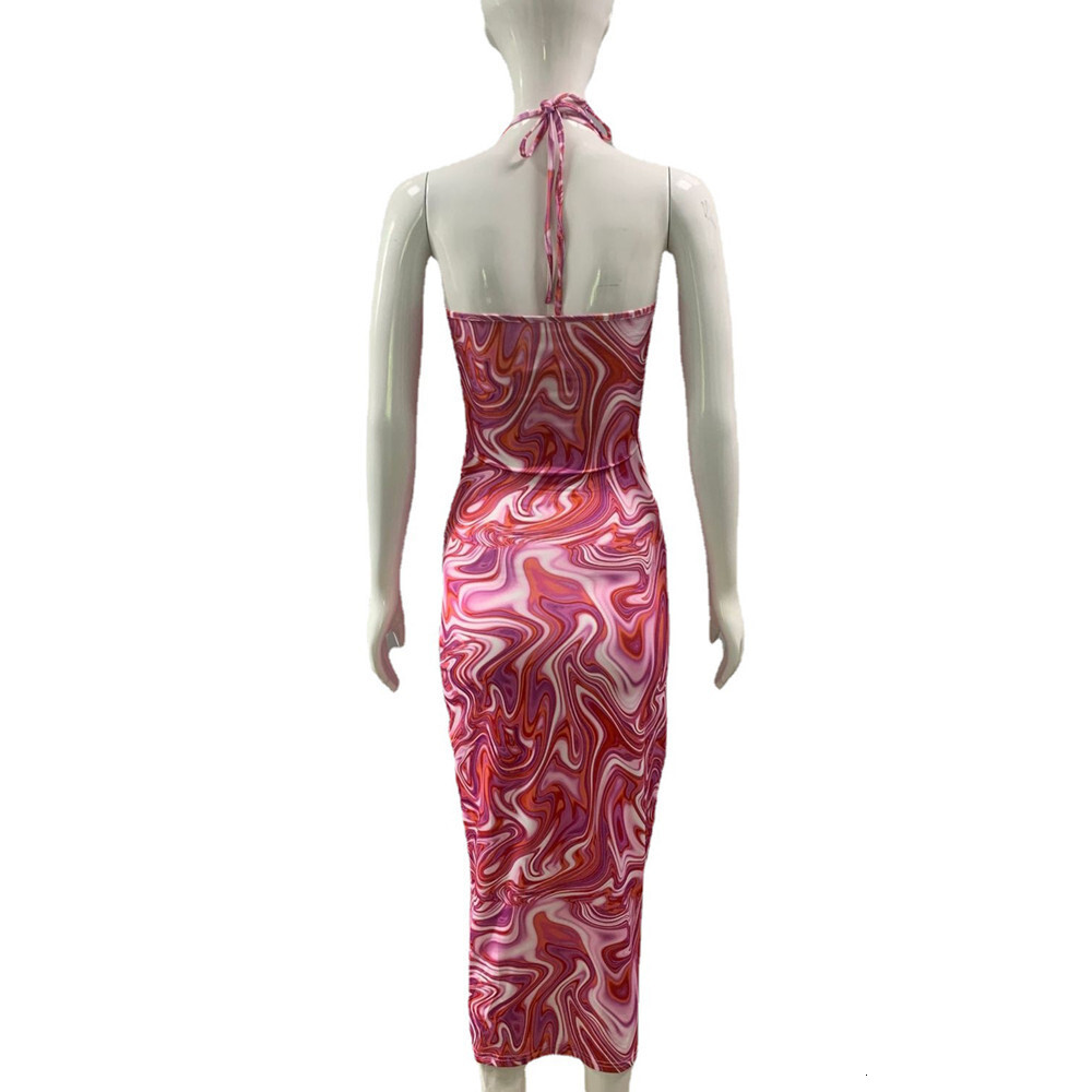 2025 Summer Hot Sale Women's Wear Hanging Neck Open Back Lace up Printed Dress