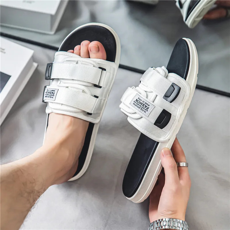 Mens outdoor slippers indoor casual slippers non slip soft bottom hook and loop slippers fashionable beach summer sandals flip up 250408