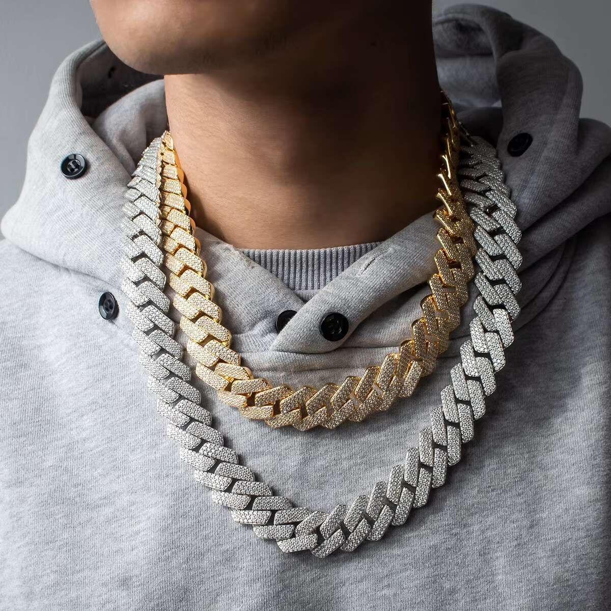 Kibo Jewelry Yellow/White Gold Plated 15mm 16mm 18mm Sier Iced Carbon Silica Cuban Chain