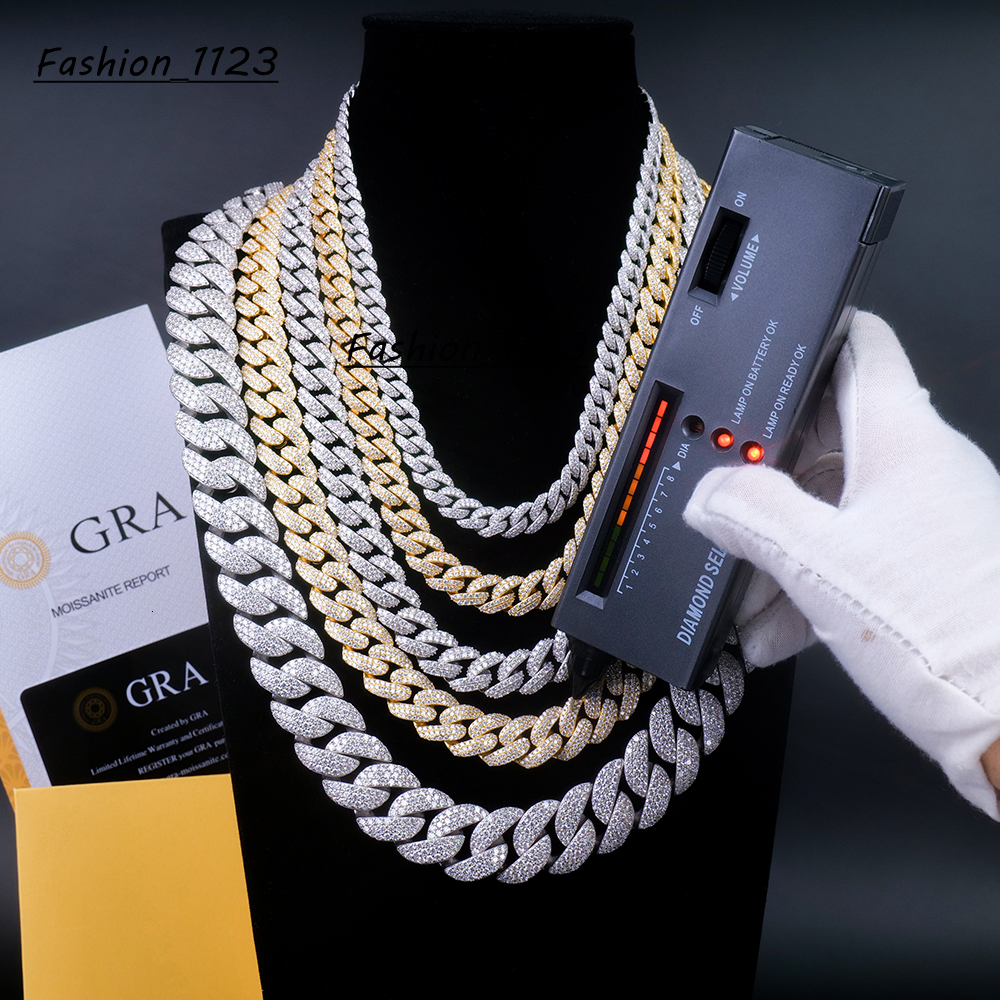 In Stock Wholesale Hiphop Jewelry 8 10 12 14 18 20 mm 925 Silver Iced Out Vvs Moissanite Miami Cuban Link Chain Necklace for Men