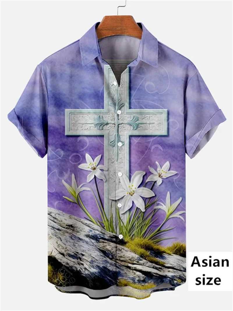 Easter Summer Jesus Cross Mens Short Sleeve 3D Printed Rabbit Egg Printed Button Up Shirt Casual Christian Shirt X250410