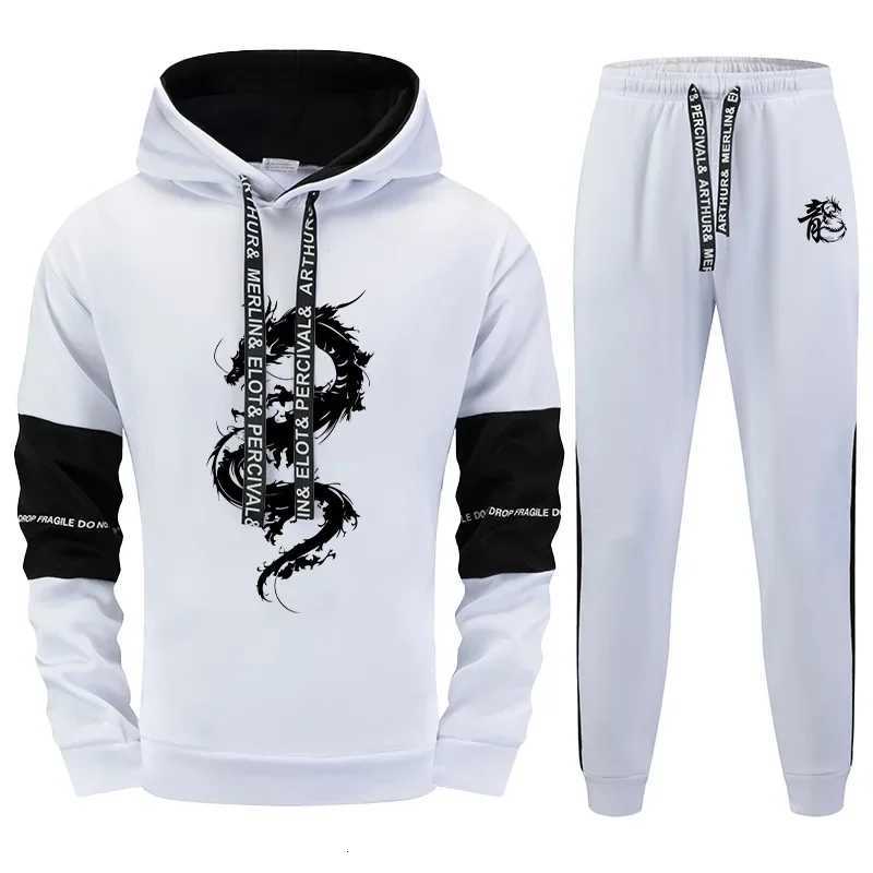 2025 New Arrival Mens Tracksuit 2 Piece Set Chinese Dragon Print Hoodie Sweatpants Fall Winter Daily Casual Sporty Jogging Suit W251110