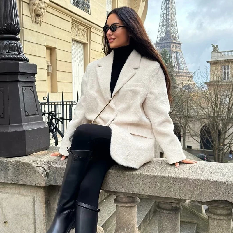 MUJER Faux Fur Long Blazers for Women Fashion Casual Blazer Woman Outerwears Sleeve Jacket Womens Tailoring 251110