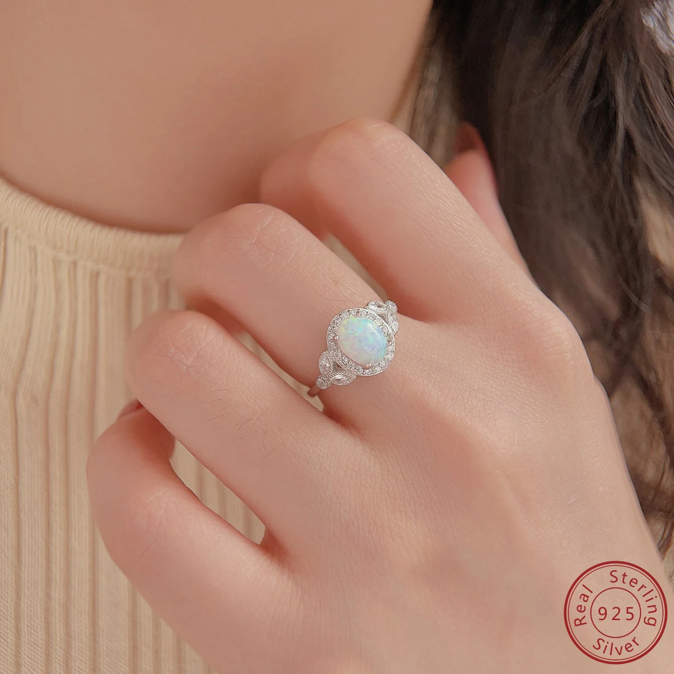 925 sterling silver womens ring with sparkling white opal and zircon elegant style suitable for engagement or couple dates 250407