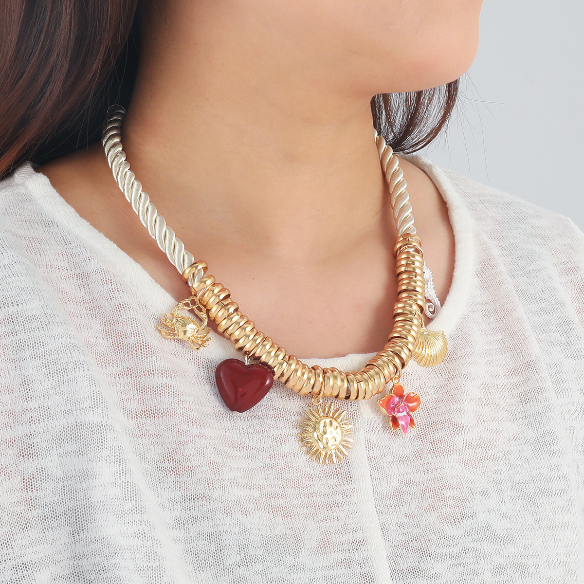 Exquisite Crab Heart Shaped Flower Shell Seahorse Multi Layered Necklace For Women Fashionable Beach Vacation Style Matching Accessories Necklace