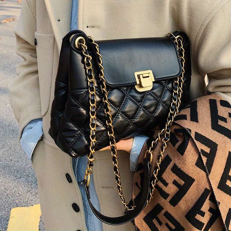 Women Pattern Handbag Hardware Strap Crossbody Shoulder Bag, Chain Link Lining Coffee Brown, Versatile Everyday Formal Purse Women