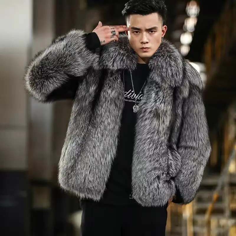 Mens Autumn Winter Fluffy Business Casual Silver Fox Fur Jacket Faux Fur Coats Fashion Charming Warm Tops 251105