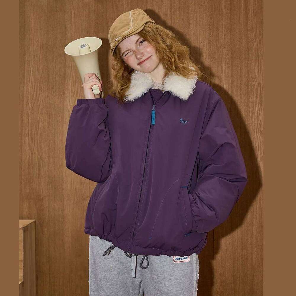 Winter Women's American Vintage Fur Collar Jacket Oversized Zip Up Parka Warm Cotton Padded Coat Loose Fit Outdoor Wear