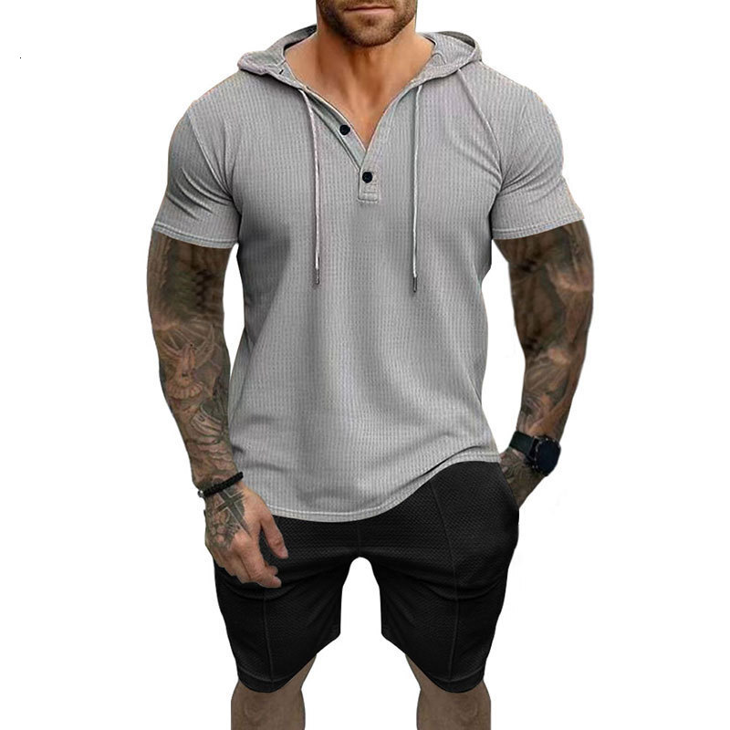 2024 Summer New Mens Casual Hoodie Set T-shirt Henley Shirt