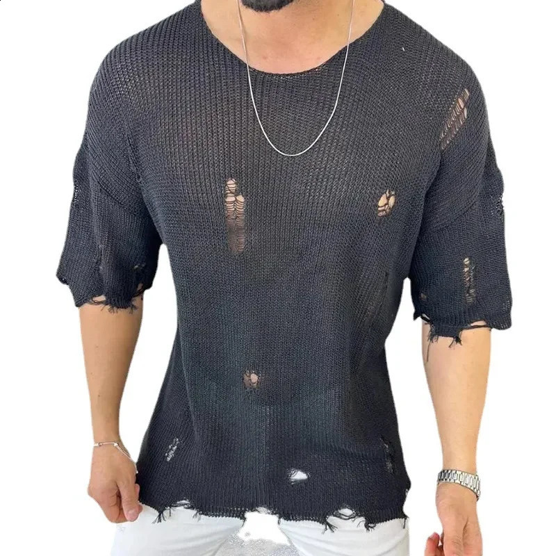 Mens Sweaters Korean Advanced Knitwear Hole Autumn Winte Loose Knit Leisure Sweater Couples Mens Clothing Pullover 250407